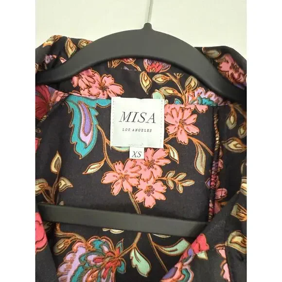 $198 New Misa Floral Silky Button Down - XS - Black / Pink